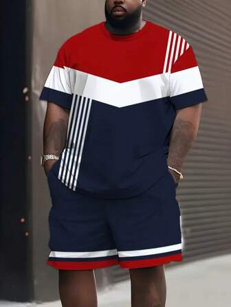 Red, White & Blue Color Block Plus Size Men Sports Short Sleeve Shorts Set, Fashionable Sportswear Outfit