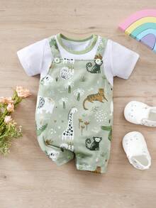 2pcs/Set Summer Baby Boys Cartoon Animal & Dinosaur All Over Print 2 In 1 Bib Overalls Jumpsuit Outfit