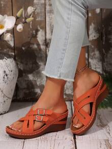 Plus Size Elegant Wedge Sandals Women, Criss-Cross Strap Buckle Casual Holiday Outdoor Roman Sandals, Fashionable, Comfortable, Graceful, Casual, Beach, Wedge, Platform Sandals - 橘色 - 查看 7