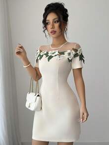 A Short, Form-Fitting Dress With A New Summer Cutout Collar And Embroidered Flowers