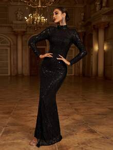 Đầm dạ hội dài tay cổ cao xẻ đùi đính sequin màu đen, thanh lịch, thích hợp cho tiệc cưới, lễ tốt nghiệp, tiệc tối, mùa xuân. - màu đen - Xem 5