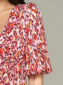 Europa i Stany Zjednoczone Francuskie retro nadruki bufiaste rękawy głęboki dekolt w serek wysoki otwarty rozporek seksowna sukienka średniej długości bez nogawek wiosna i lato nowe lekkie i wygodne sukienki w stylu boho