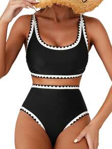 Women's Floral Bikini Sets Whip Stitch 2 Piece Swimsuits - High Waisted Tummy Control Bathing Suits, Scoop Neck Push Up Beachwear - 黑色 - 查看 4