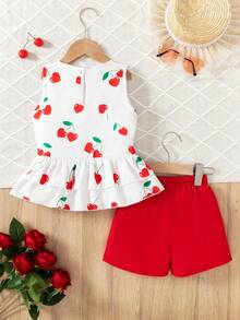 BASUSARRI 女孩 2 件套樱桃印花蝴蝶结吊带上衣和短裤，优雅精致的夏季服装 - 紅色 - 查看 3
