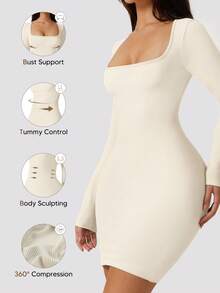 Women's Black Bodycon Dress, Square Neck Ribbed Long Sleeve Fitted Mini Dress - Apricot - View 3