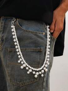 Accesorio de cadena de cintura con perlas falsas de estilo punk, cadena de cintura de múltiples capas con colgante de borla, joyería de cintura para hombre, regalo para fiesta de hip hop