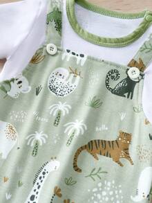 2pcs/Set Summer Baby Boys Cartoon Animal & Dinosaur All Over Print 2 In 1 Bib Overalls Jumpsuit Outfit