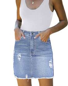 Women's Mini Denim Skirt Casual Antique Wash Grinding Edges With Pocket Elastic Pencil Skirt - 淺藍色 - 查看 1