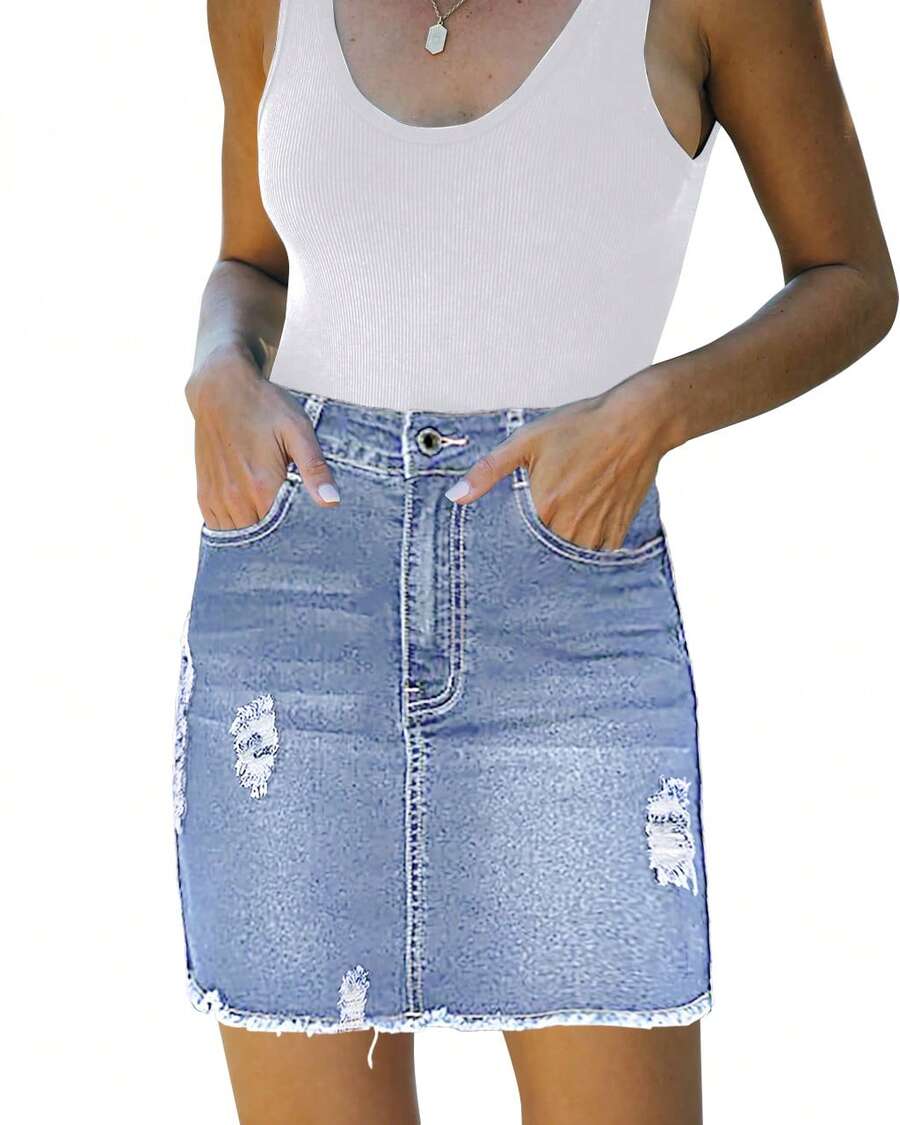 Women's Mini Denim Skirt Casual Antique Wash Grinding Edges With Pocket Elastic Pencil Skirt - 淺藍色 - 查看 1