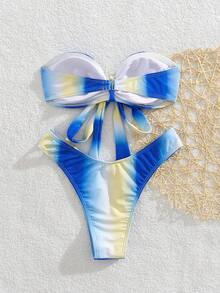 New Spring/Summer Tie-Dye Bandeau With Bow Decor Two Pieces Bikini - Blue and Yellow - View 4