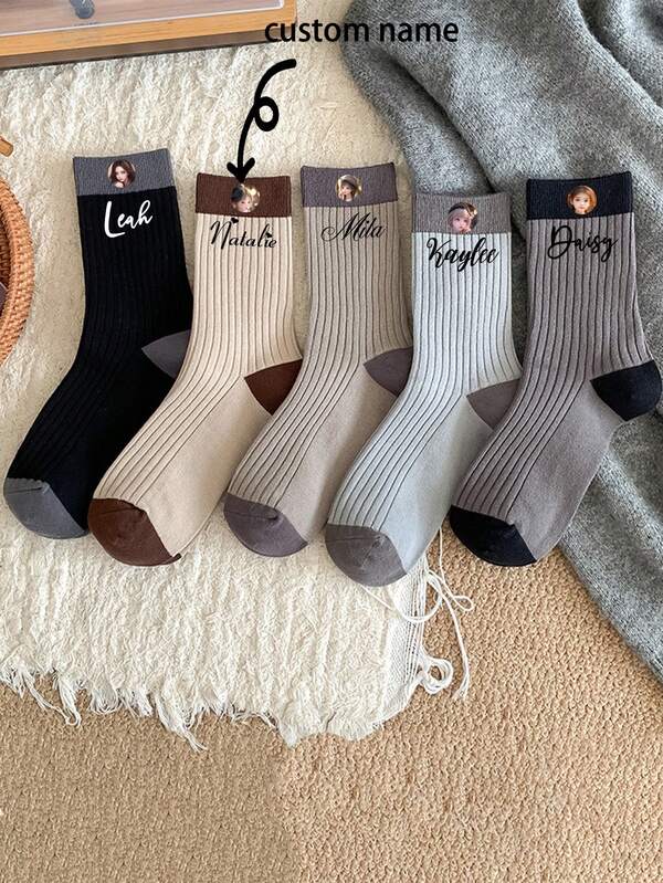 1Pair Socks Men's Personalized Color Block Retro Style Mid-Tube Socks Autumn And Winter Ins Outside Wear Korean Style Fashionable Vertical Striped Mid-Tube Socks Personalized Text Photo Customization