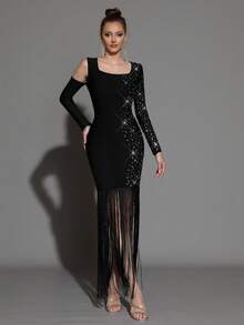 Modphy 新款性感女式重工水钻方领露背流苏连衣裙，适合节日、婚礼、派对、生日庆典、女士舞会礼服