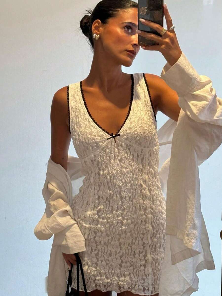Women's Elegant Casual Holiday V-Neck Textured Lace Bowknot Dress, White Mini Dress, Sundress Short, White Summer Dress, White Elegant Dress, White Dress, Cute Summer Dresses - White - View 1