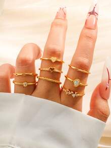 FUNEIA 8PCS/Set 14K Gold Plated Stackable Rings - Dainty Cubic Zirconia Heart & Plain Band Stacking Rings For Women, Non-Tarnish Everyday Jewelry Gift - Vàng - Xem 2