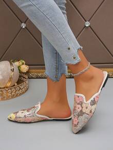 Oversized Size 35-45 Fashion Pointed Toe Sequin Flat Mule Slip-On Casual Loafers For Women, Spring/Summer/Autumn - Pink Card Color - View 5