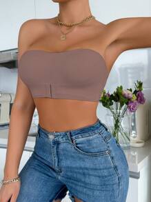 2 Pieces Front Closure Solid Color Strapless Comfort Padded Lace Bralette, Wireless Seamless Pushup Bra For Women