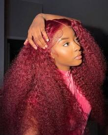 Burgundy Curly 13x4 Hd Lace Frontal Wig Human Hair Brazilian 13x4 Water Deep Wave 99J Red Colored Wig For Women 30 34Inch - S99J - 查看 3