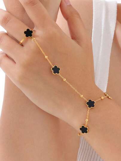 1pc Bohemian Elegant 18K Gold Plated Stainless Steel 5-Leaf Clover Linked Finger Ring Bracelet Set, Jewelry Suitable For Women's Daily Wear, Great Mother's Day Gift