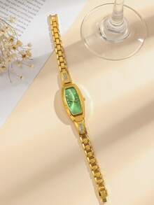 1pc Teenagers Rhinestone Studded Oval Dial Steel Strap Quartz Watch, Suitable As Birthday, Graduation Gift - Green - View 4