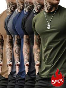 5pcs/Set Men's Casual Solid Color All-Match Slim Fit Short Sleeve T-Shirts, Summer