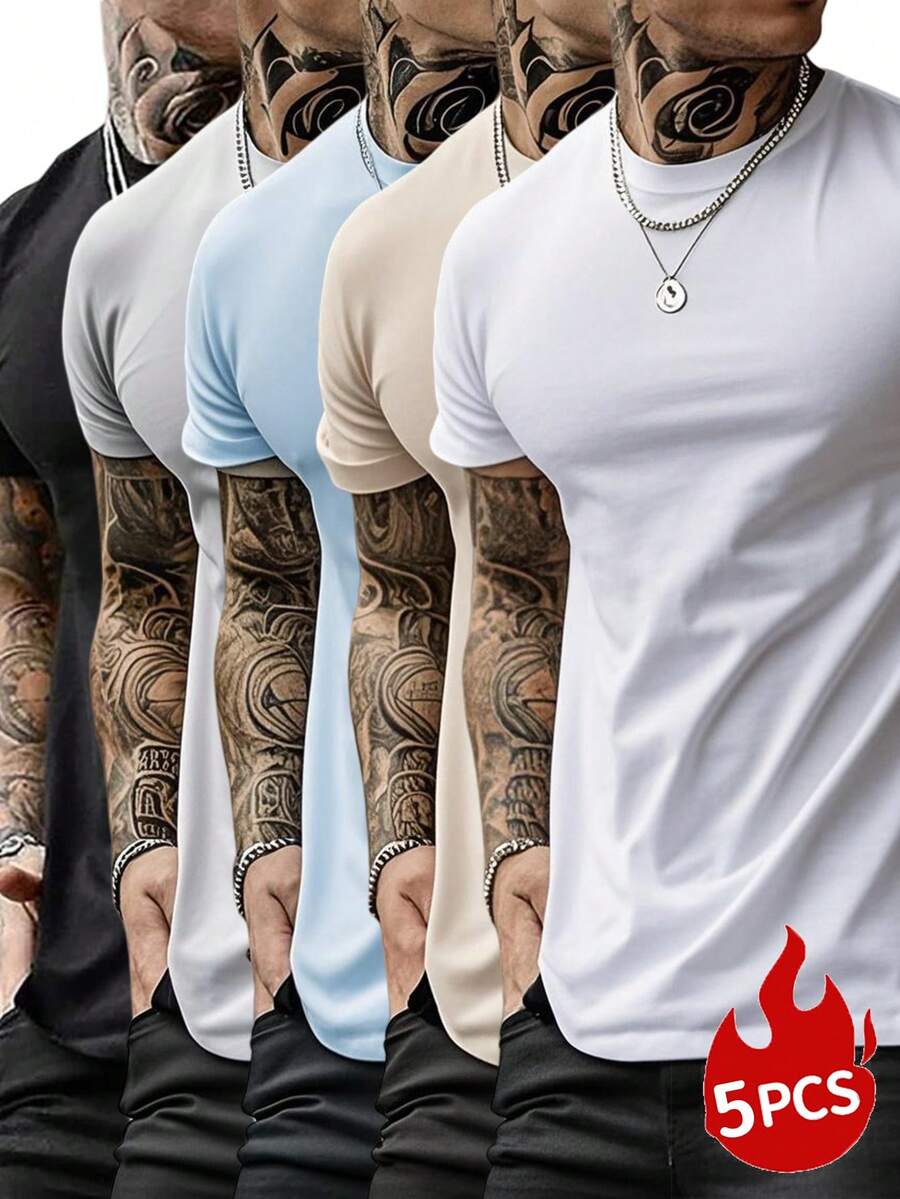 5pcs/Set Men's Casual Solid Color All-Match Slim Fit Short Sleeve T-Shirts, Summer