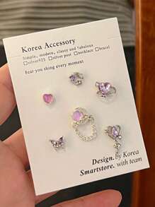 6pcs/Set Stylish Purple Geometric Unicorn, Starry Diamond, Heart & Moon Stud Earrings Set