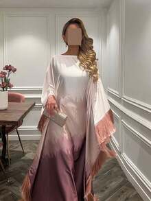 女士穆斯林仿丝绸渐变色连衣裙 - 白色至粉紫色渐变长袍，带流苏饰边，适合朴素场合 - 紅色 - 查看 5