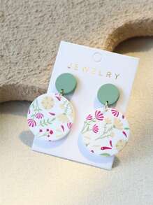 1 Pair Women's Elegant Ceramic Textured Small Yellow Flower Print Round Acrylic Earrings