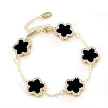 1pc Clover Shaped Rhinestone Decor Elegant Bracelet, Fashionable Dual-Sided Mother Of Pearl Flower Bracelet, Multiple Colors Available For Women