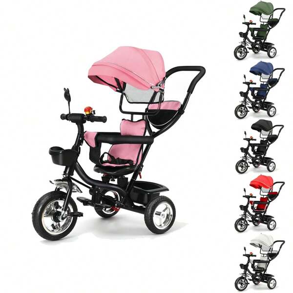 Tricycle enfant 4 en 1 Tricycle pour enfant 46*75*106cm Tricycle enfant avec siège rotatif Tricycle avec espace de rangement Protection solaire Tige télescopique et pédales amovibles Tricycle à pousser pour filles et garçons