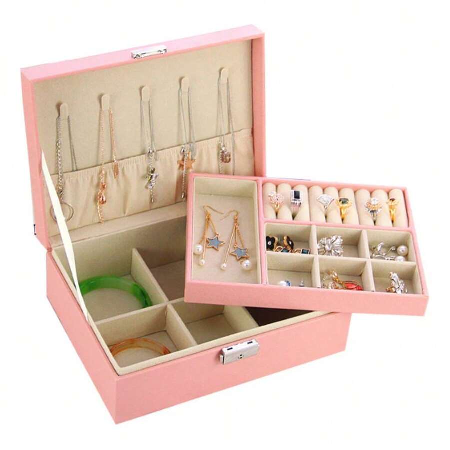 Large Double Layer Multifunctional Jewelry Case With Key - Rosa - 查看 1