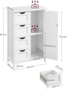 Mobile per vasca da bagno, mobile indipendente, mobile in legno con 4 cassetti e anta, ripiano regolabile, per soggiorno, cucina, corridoio, bianco LHC41W
