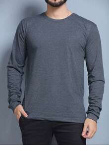 Women's Men's Blouse Plain T-Shirt Unisex Long Sleeve Round Neck 100% Cotton - 深灰色 - 查看 7