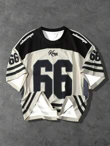 男童芝加哥 #66 图案圆领 T 恤，黑色和米色条纹设计，涤纶夏季街头服饰，适合户外活动，休闲户外服装 | 时尚休闲上衣 | 光滑面料，芝加哥 T 恤