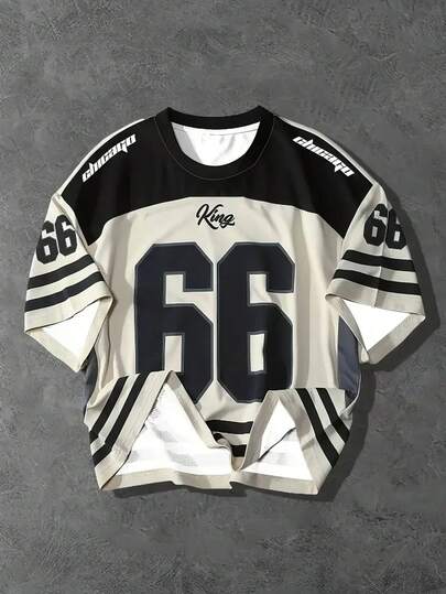 男童芝加哥 #66 图案圆领 T 恤，黑色和米色条纹设计，涤纶夏季街头服饰，适合户外活动，休闲户外服装 | 时尚休闲上衣 | 光滑面料，芝加哥 T 恤