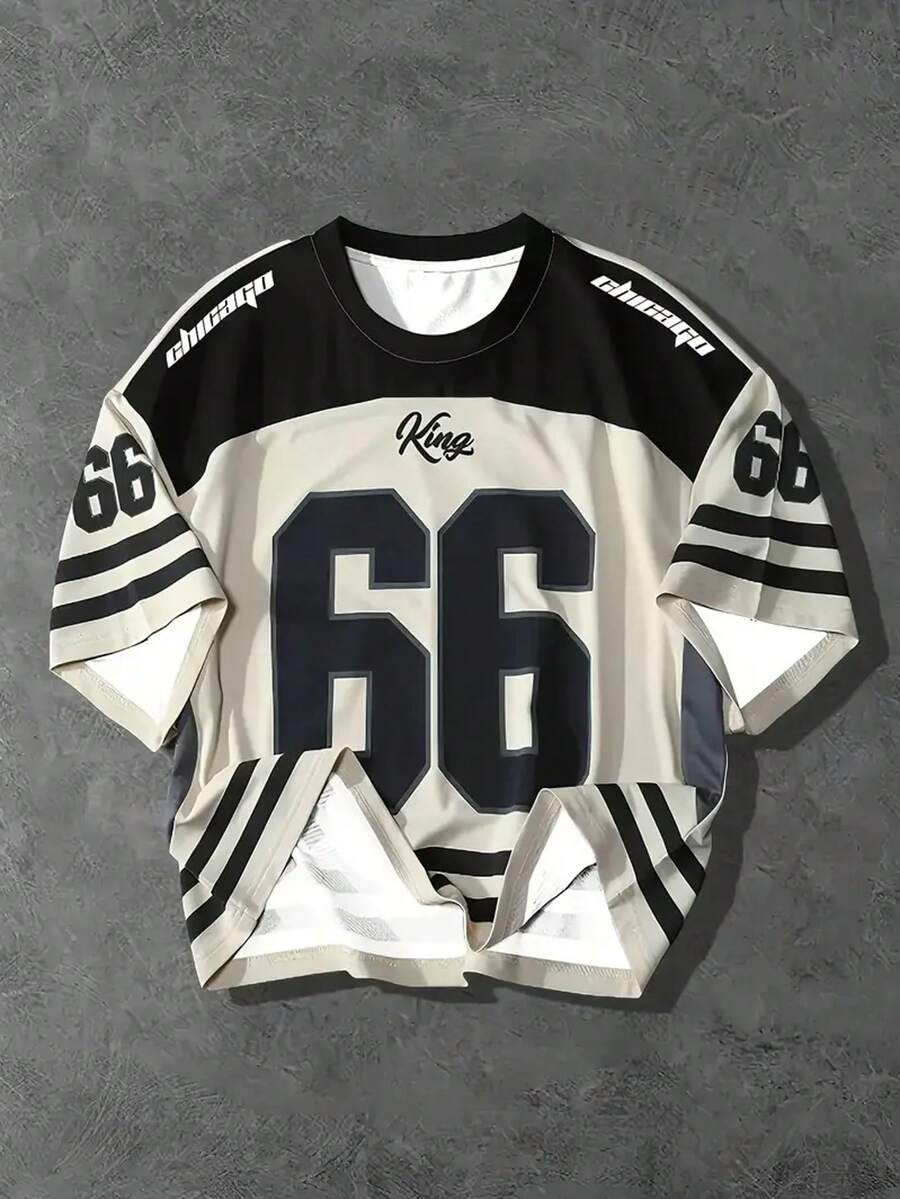 男童芝加哥 #66 图案圆领 T 恤，黑色和米色条纹设计，涤纶夏季街头服饰，适合户外活动，休闲户外服装 | 时尚休闲上衣 | 光滑面料，芝加哥 T 恤