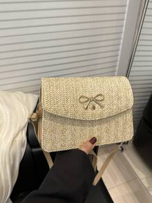 1pc Khaki Straw Woven Metal Buckle Bowknot Decor Fashion Versatile Casual Oblique Shoulder Bags, Suitable For Ladies' Daily Use - Khaki - View 1
