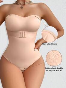 女士无缝连体塑身衣露肩前开襟吊带收腰收腹塑身连体衣 - 香檳色 - 查看 3