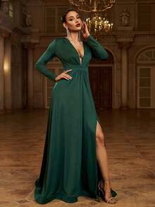 Missord Đầm dài tay cổ chữ V sâu, xẻ tà, màu trơn, thanh lịch, thích hợp cho dạ hội, tiệc cưới, lễ tốt nghiệp, tiệc tối, mùa xuân. - Màu xanh lá cây đậm - Xem 3