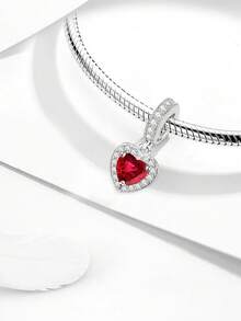 1Pc Fashionable 925 Sterling Silver Sparkling Red Heart Pendant Charm Bead Fit For Women Bracelets Bangles DIY Jewelry Making And Daily Outfit Matching Jewelry Decoration For Girls Valentines - Silver - View 4