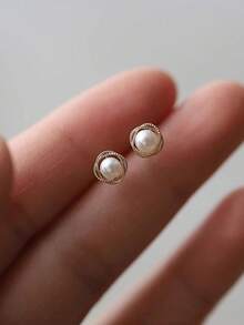 1 Pair S925 Sterling Silver 3 CZ Stone & White Round Pearl Pendant Earrings, Elegant Earrings Gift For Women For Anniversary/Party - Pearl - View 1