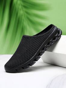 Men's Black And Gray Breathable Mesh Slip-On Casual Slippers, Thick Non-Slip Sole Comfortable Sports Sandals, Fashionable Knit Material Footwear, Suitable For All Seasons