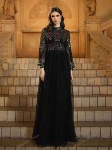Black Sequin High Neck Puff Sleeves Mesh Skirt Prom Dress, Modest
