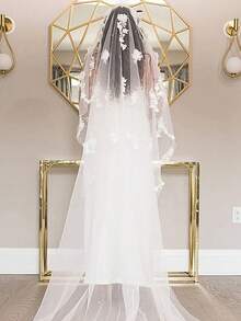 1 件手工花卉串珠大教堂新娘面纱，适用于婚礼、摄影道具、短注册处面纱，带发梳 - 米色 - 查看 3