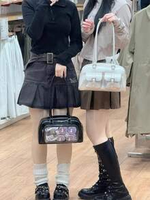 日系元素新款pu皮黑色丝带蝴蝶结透明娃娃机车包大容量休闲简约女生购物单肩斜挎包 - 黑色 - 查看 9