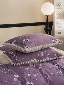 2/3件套紫色绒球流苏印花被套套装（不含被芯），透气超柔软，四季皆宜，双面可用，适用于卧室、客房、宿舍。套装包含1件被套和1/2个枕套（不含被芯），可机洗，尺寸可选：特大号、大号、标准双人床、单人床