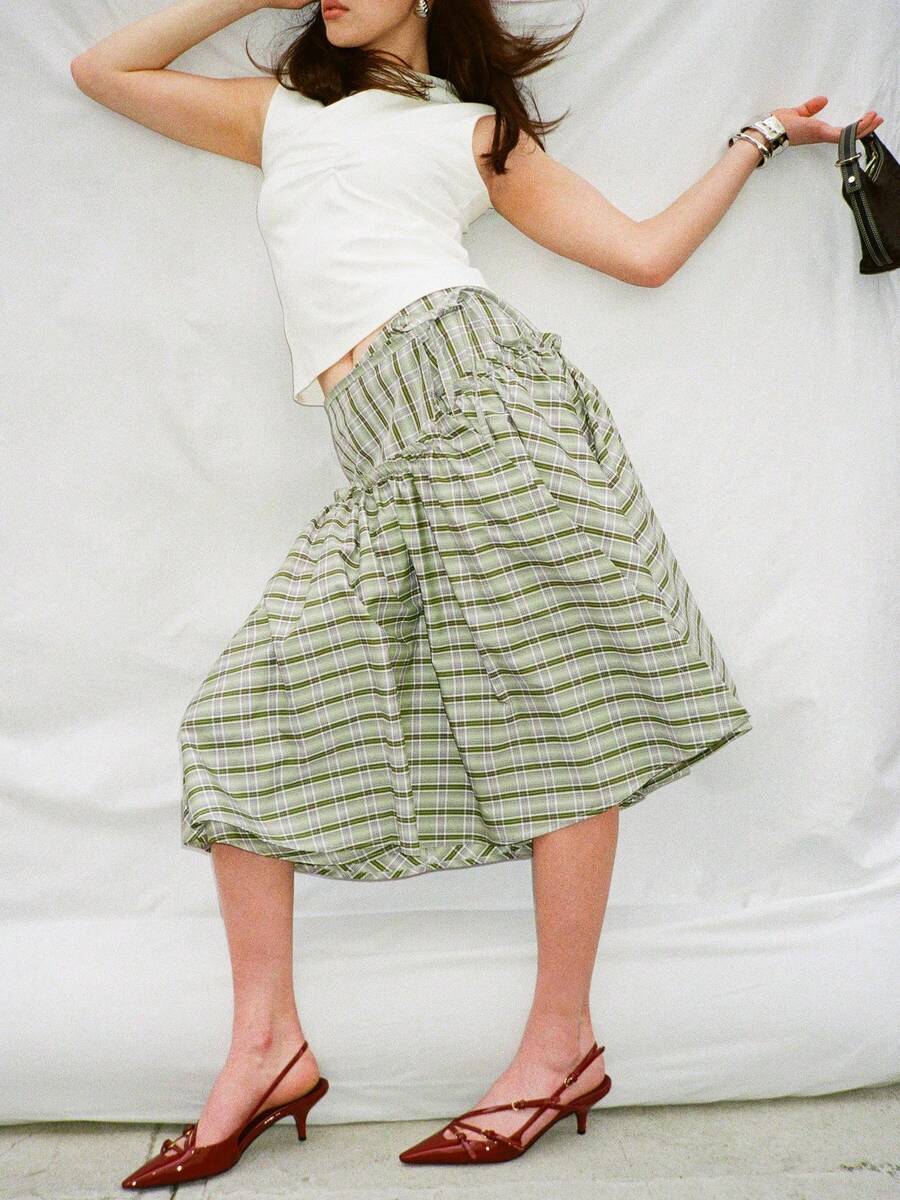 Women's Y2K Plaid Midi Skirts Low Waist Tie Up Skirt Vintage Layered Flowy Skirt Gingham A Line Skirts Aesthetic Half Skirt For Summer Streetwear - 綠色 - 查看 1