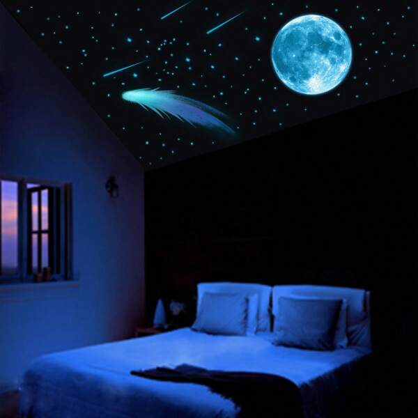 3 piezas de pegatinas de pared con diseño lunar y estelar de meteoros que brillan en la oscuridad de color azul - de PVC, autoadhesivas, impermeables y reutilizables, ideales para la decoración de la sala de estar y el dormitorio, fáciles de quitar, decoración de pared del dormitorio | Arte de pared moderno | Pegatinas de fácil instalación, decoración de luna