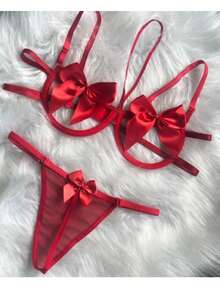 Sexy Bow Underwire Lingerie Set - Rojo - Ver 2