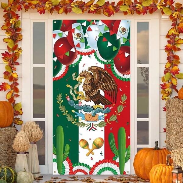 1 pieza de cubierta de puerta de seda para el Día de la Independencia de México, con logotipo, no requiere electricidad, tiene plumas reducidas, adecuada para decoración de fiestas en el hogar y apta para actividades de celebración del 4 de julio